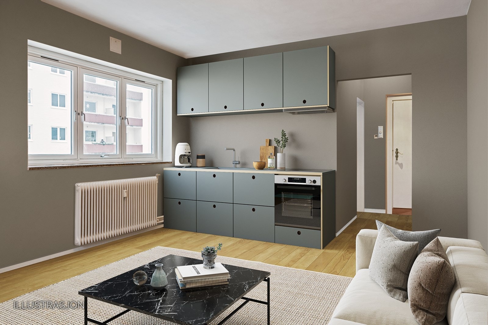 Forslag til hvordan stua vil bli om du flytter kjøkken ut hit. Galleribilde