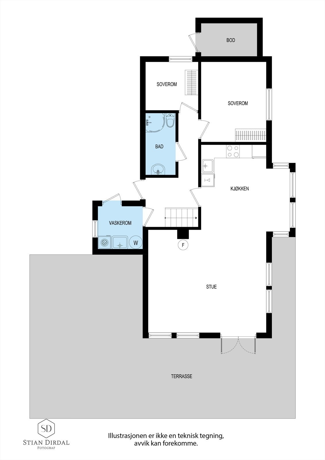 Smart løsning med 2 soverom, stue og wc i hver etasje. Perfekt for barn eller gjester å kunne trekke seg tilbake. Galleribilde