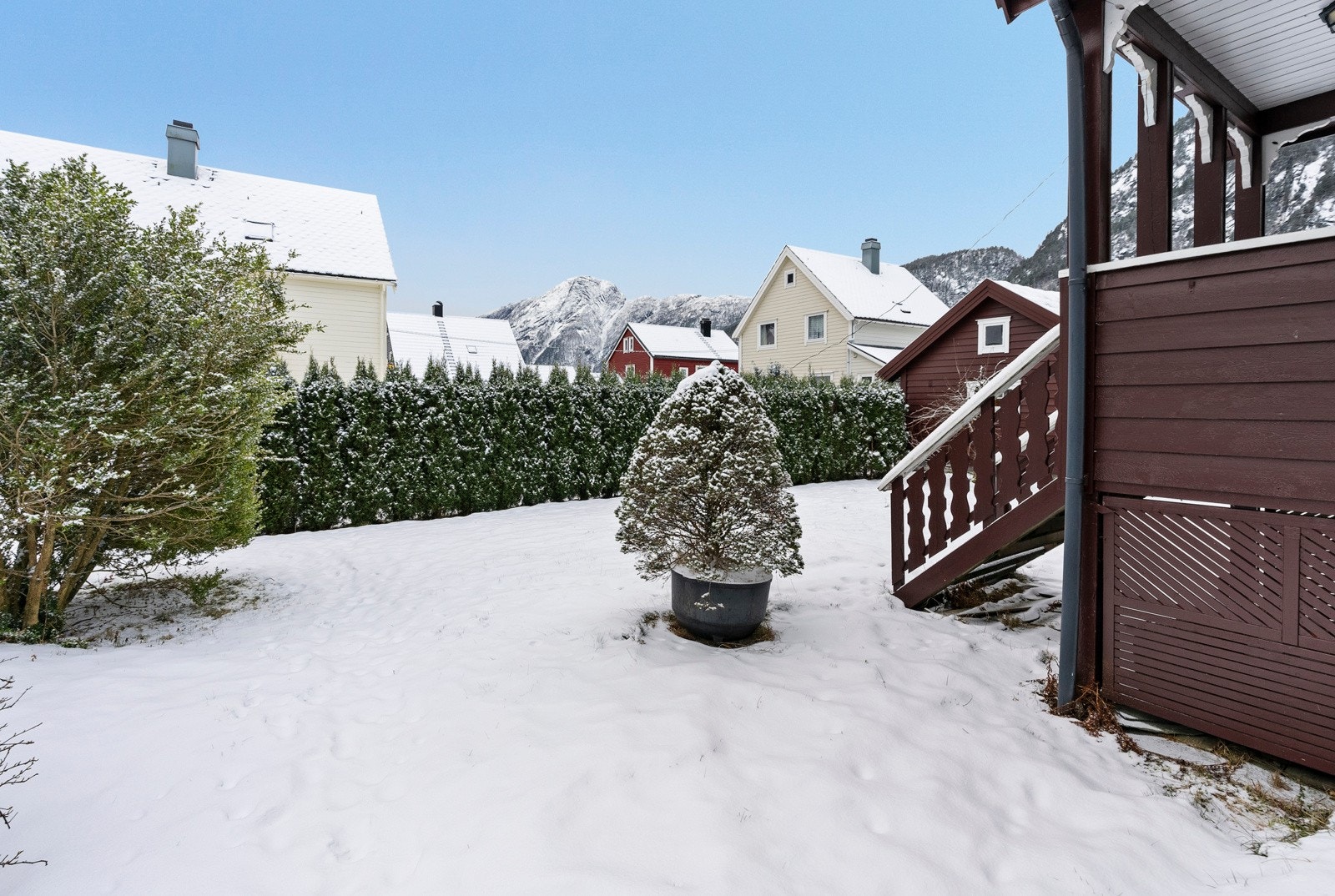 Hagen er opparbeida med plenareal, hekk og div. bær- og frukt-tre Galleribilde