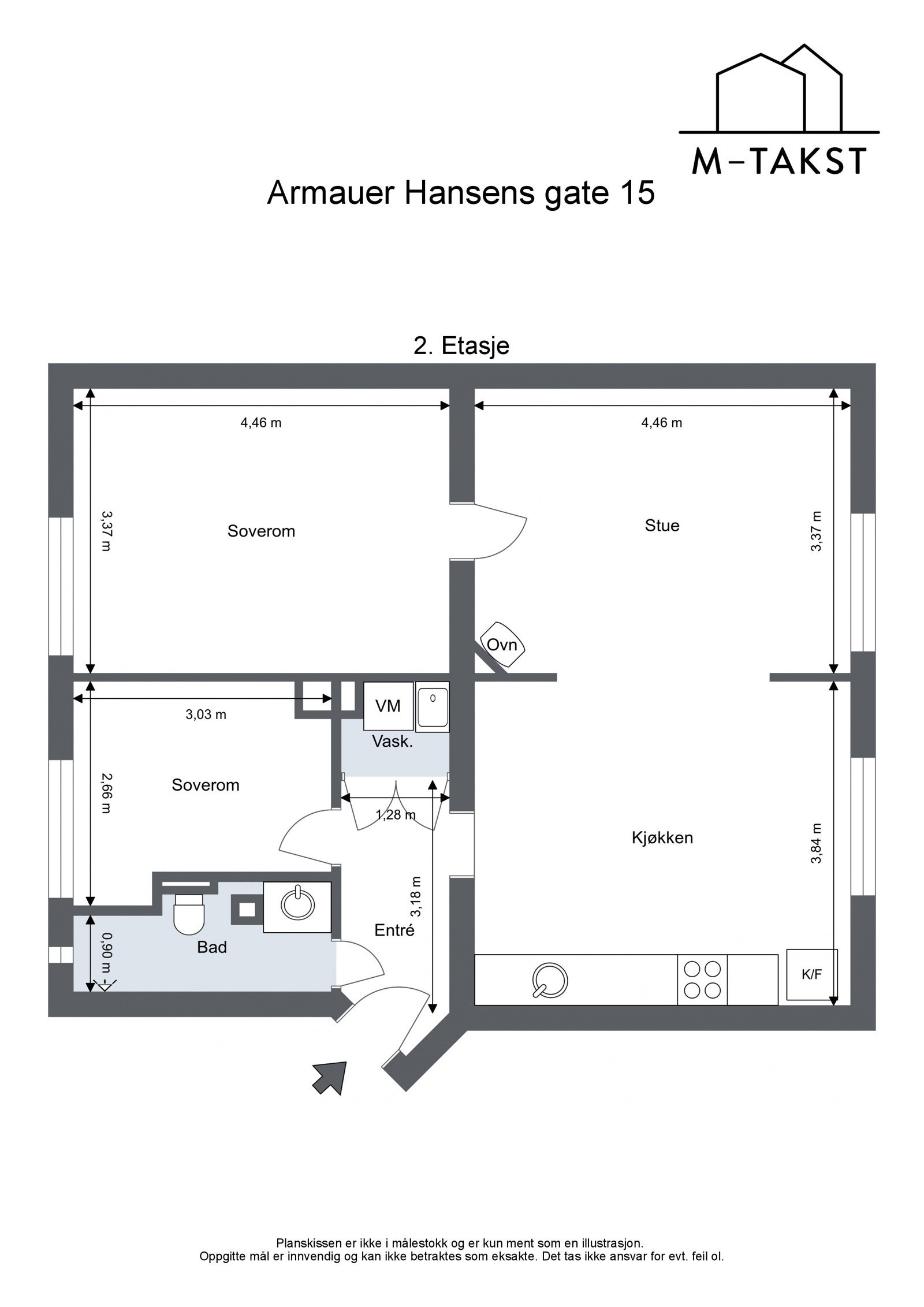 Praktisk og god planløsning som fordeler seg på føgende måte: Entrè, bad, kjøkken med åpen løsning til stue og to romslige soverom. Galleribilde