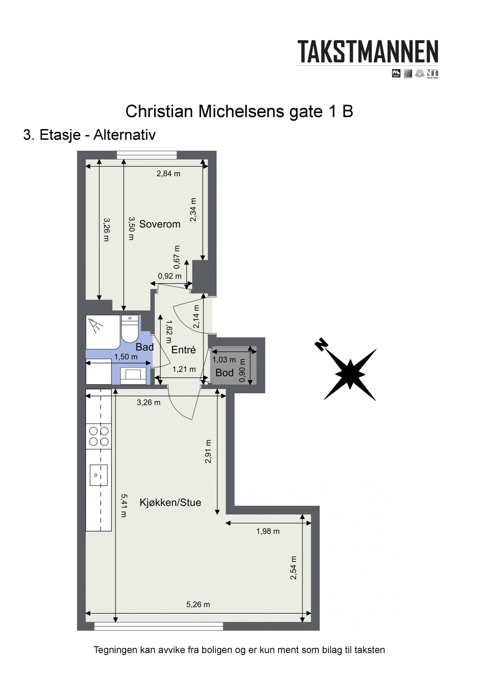 Alternativ plantegning - slik leiligheten kan se ut, her med godkjent soverom Galleribilde