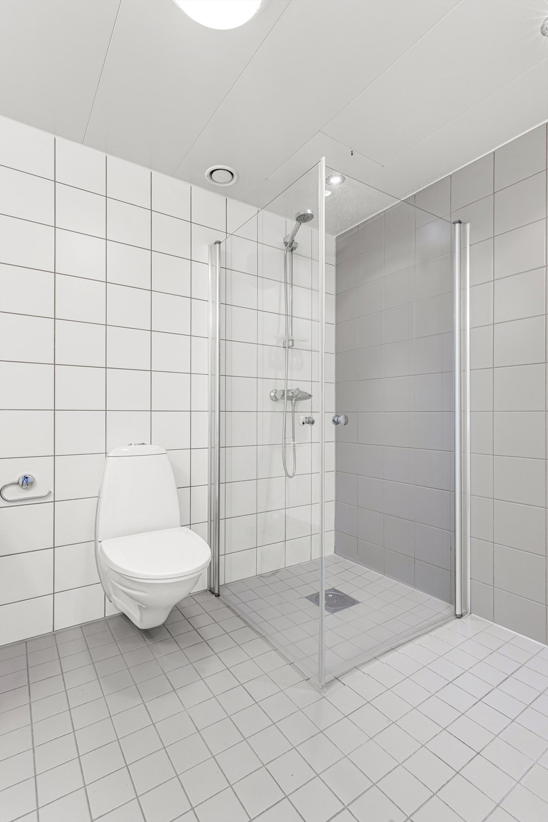 Wc og dusjehjørne i glass. Det er varmekabler i gulvet. Galleribilde