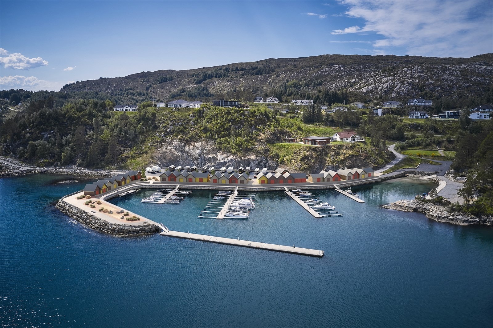 Velkommen til maritime og vakre Leirvik Marina! Her kommer 28 naust med tilhørende båtplass. Nå er tomtene til salgs. Galleribilde