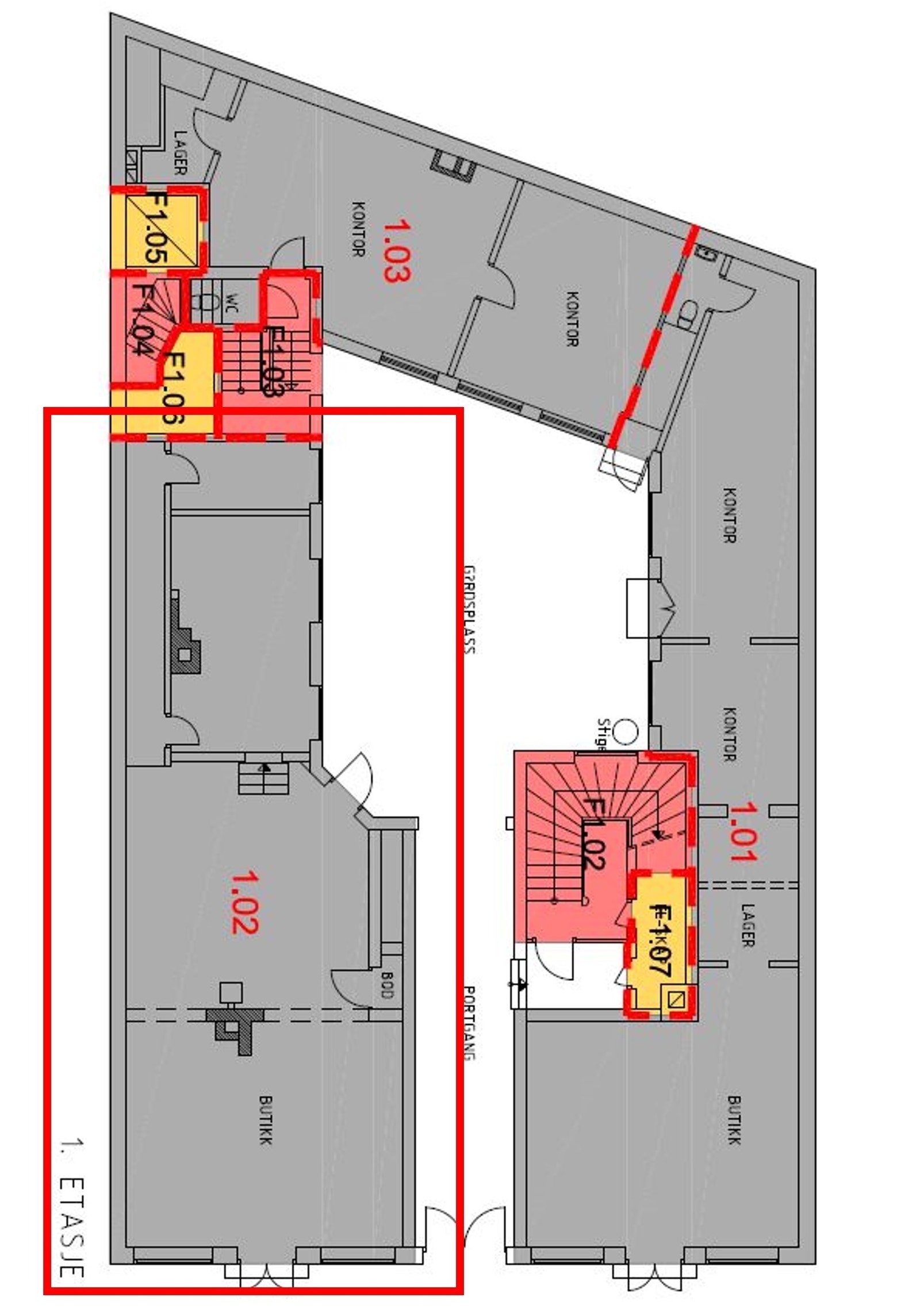 Det ledige arealet er innrammet i rødt Galleribilde