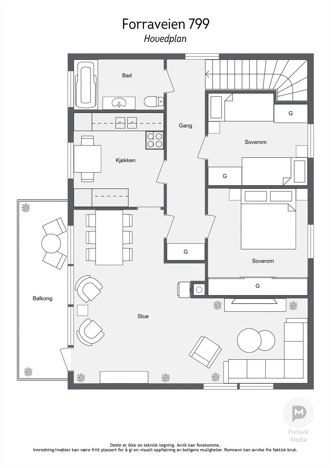 Vi orienterer oss kjapt på plantegningen. Her er Hovedplan/2. Etasje. Legg merke til den romslige stuen! Galleribilde