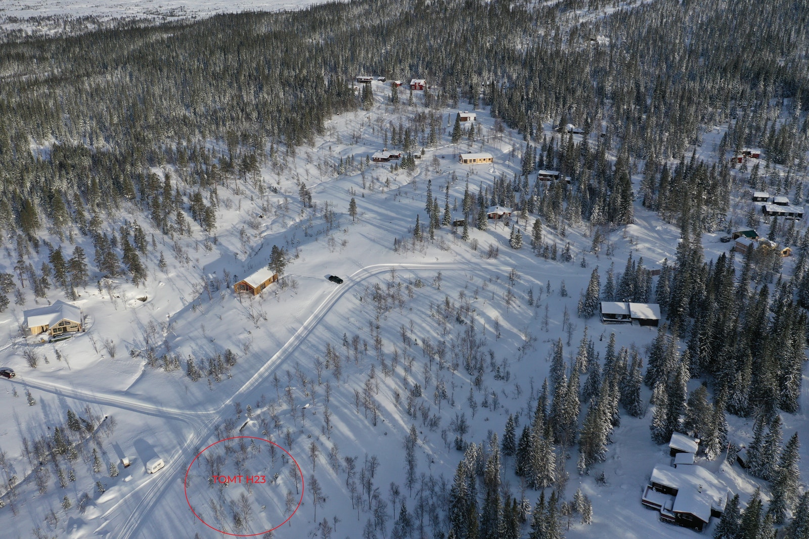 Bilde fra tomteområdet. Oppkjørte skispor i umiddelbar nærhet Galleribilde