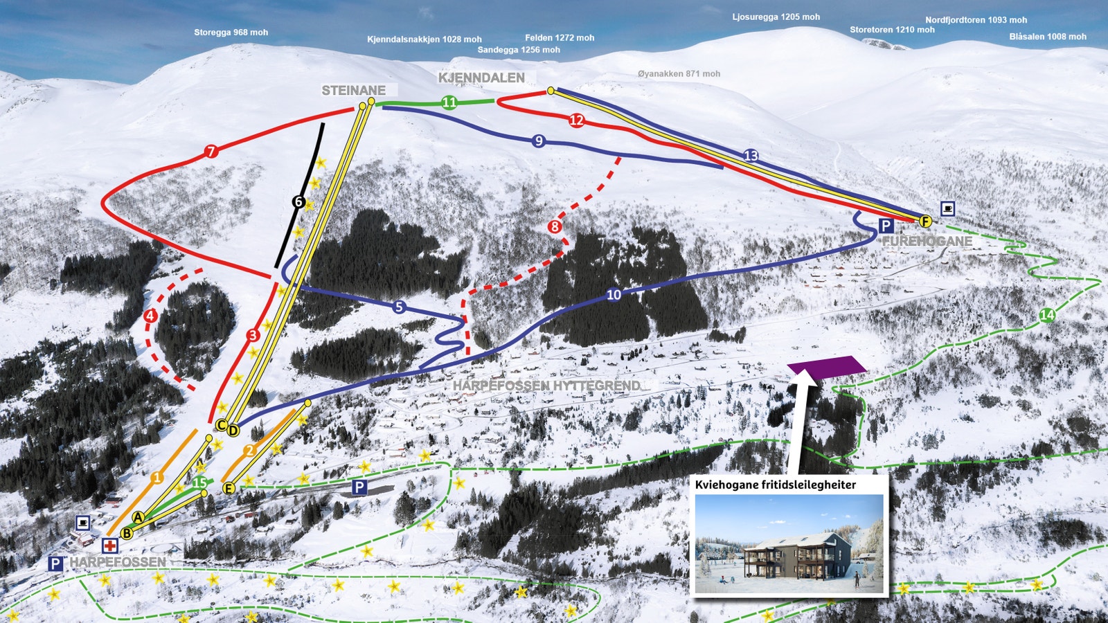 Leilegheitene er flott plassert mellom alpinbakkane og langrennsløypene. Ski in-ut ! Galleribilde