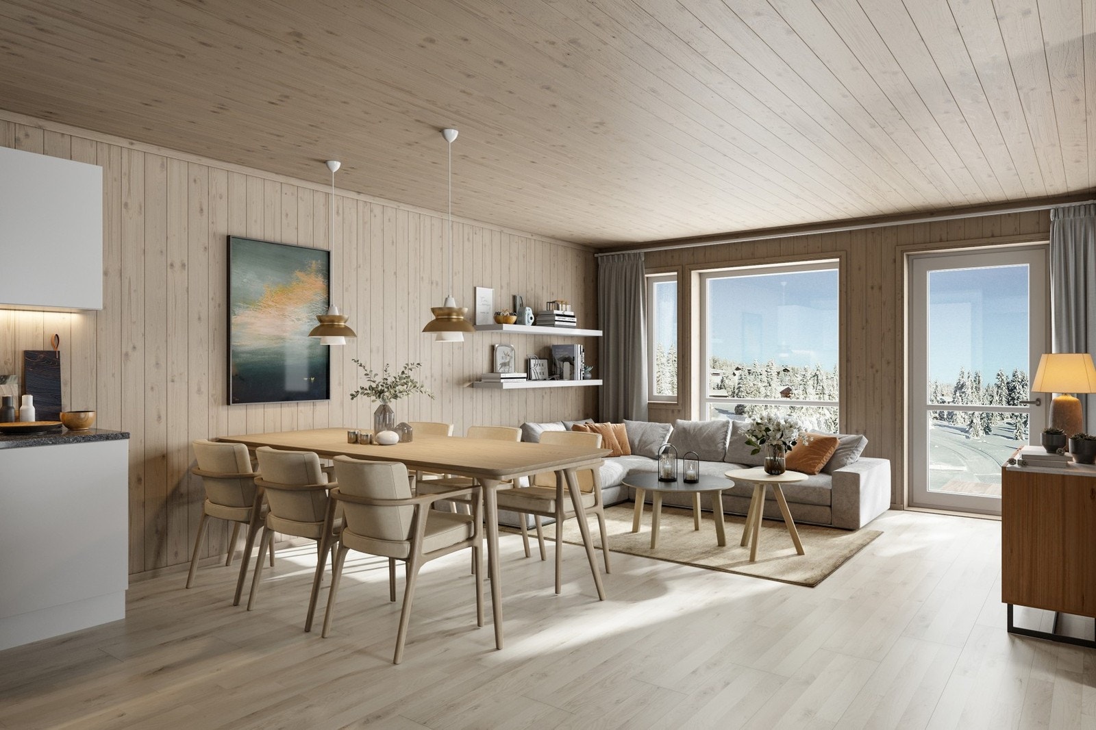 Deileg med store vindauger som slepper lyset inn. Innvendig er alle overflater ferdig behandla i koseleg hyttestil med bl.a mørke karmar og foringar. Galleribilde