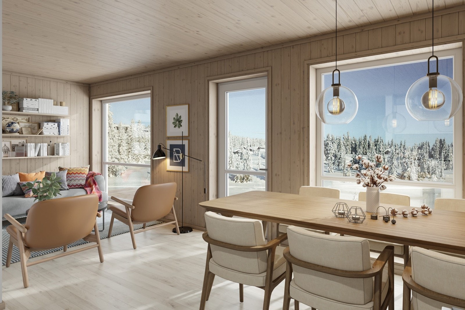 Deileg med store vindauger som slepper lyset inn. Innvendig er alle overflater ferdig behandla i koseleg hyttestil med bl.a mørke karmar og foringar Galleribilde