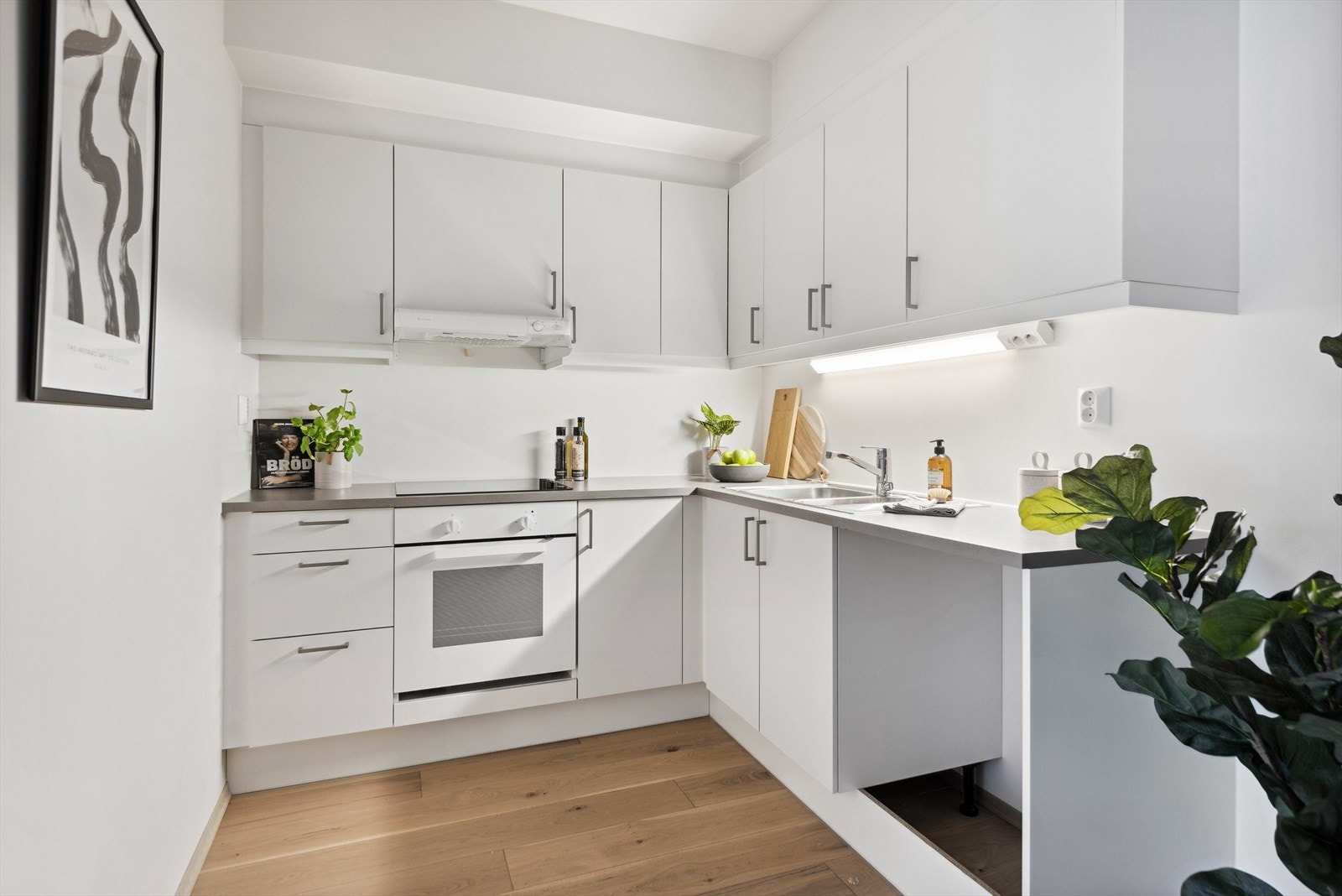 Lyst og moderne kjøkken med integrert komfyr og platetopp Galleribilde