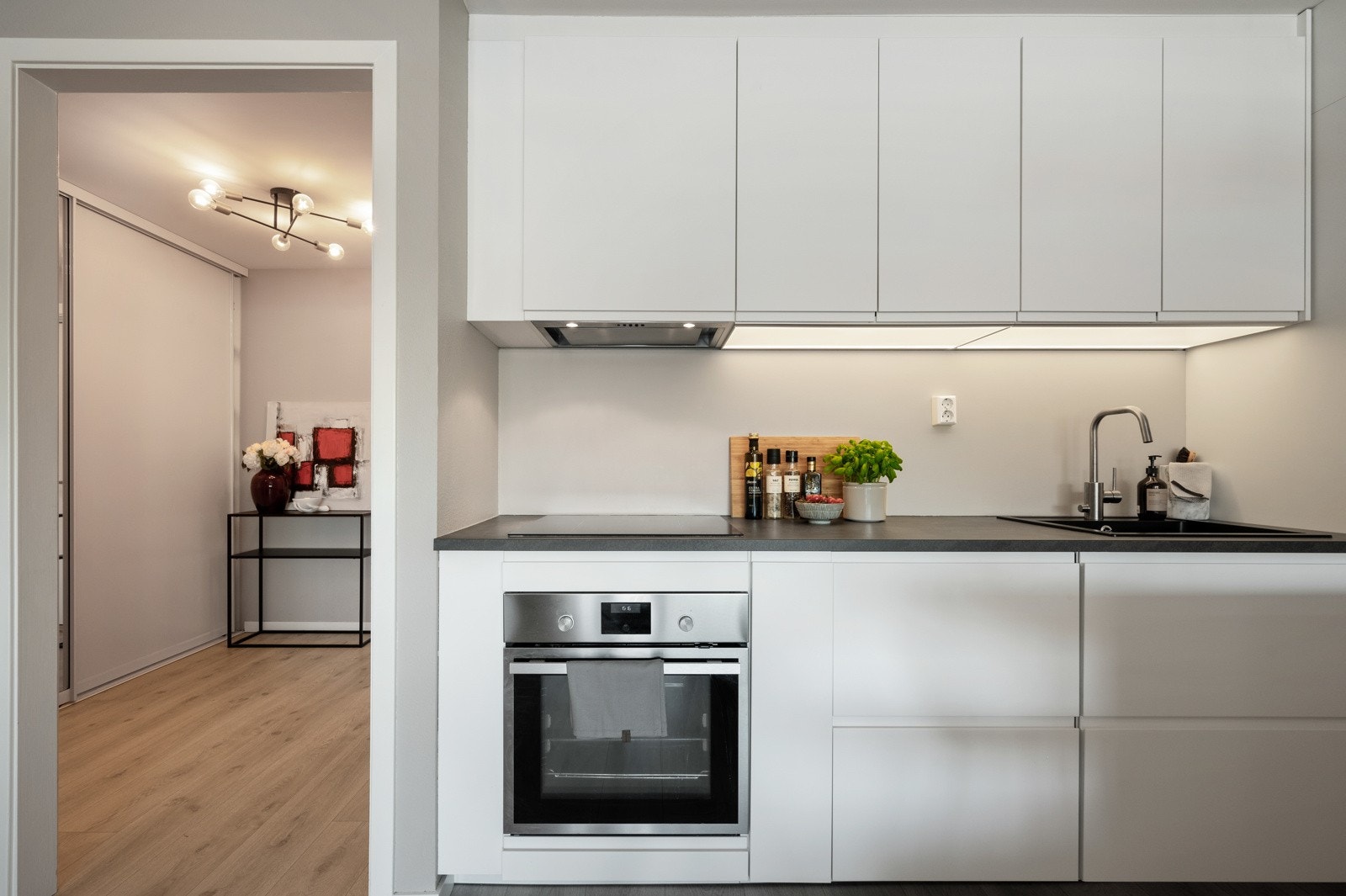 Kjøkkenet er utstyrt med integrerte hvitevarer som kjøl/fryseskap, oppvaskmaskin, stekeovn og induksjon platetopp. Galleribilde