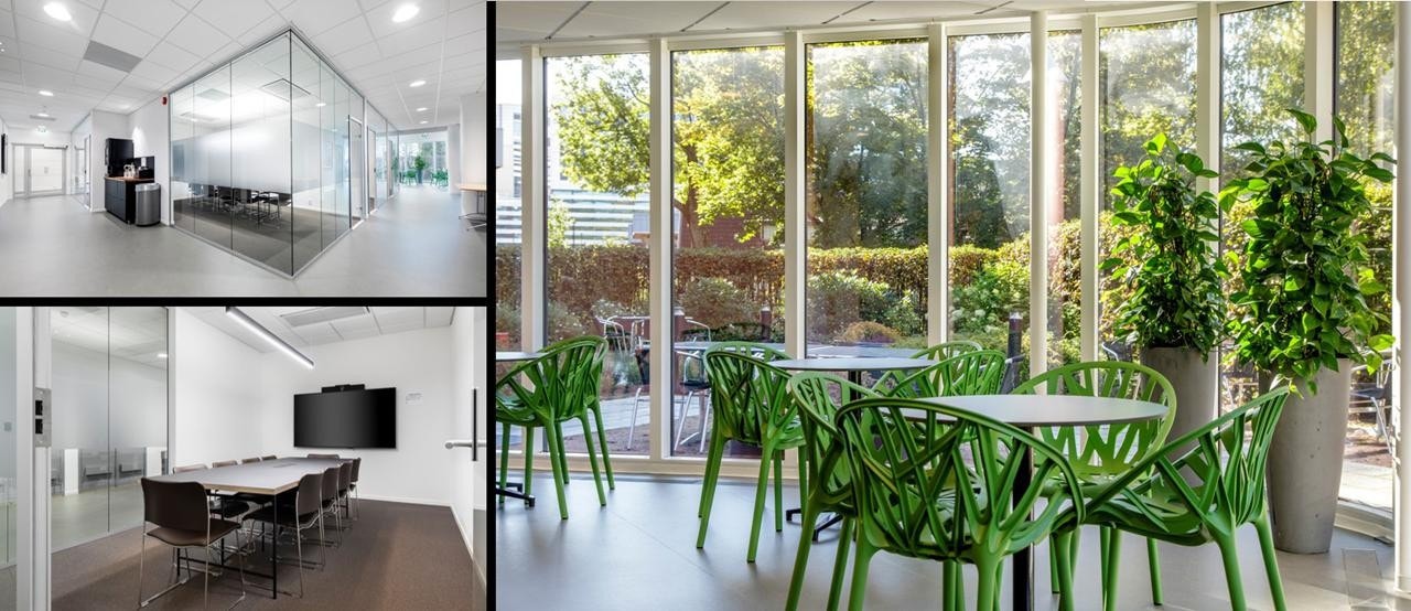 Møtesenteret har 4 gode møterom og en møtesal med delingsmuligheter, en sosial sone og utgang til eiendommens uteareal Galleribilde