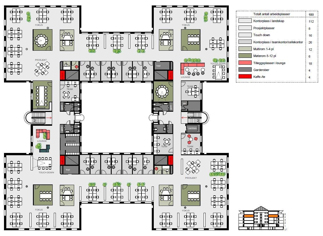 Eksempel til planløsing i 4.etg. Illustrert med 180 arbeidsplasser Galleribilde