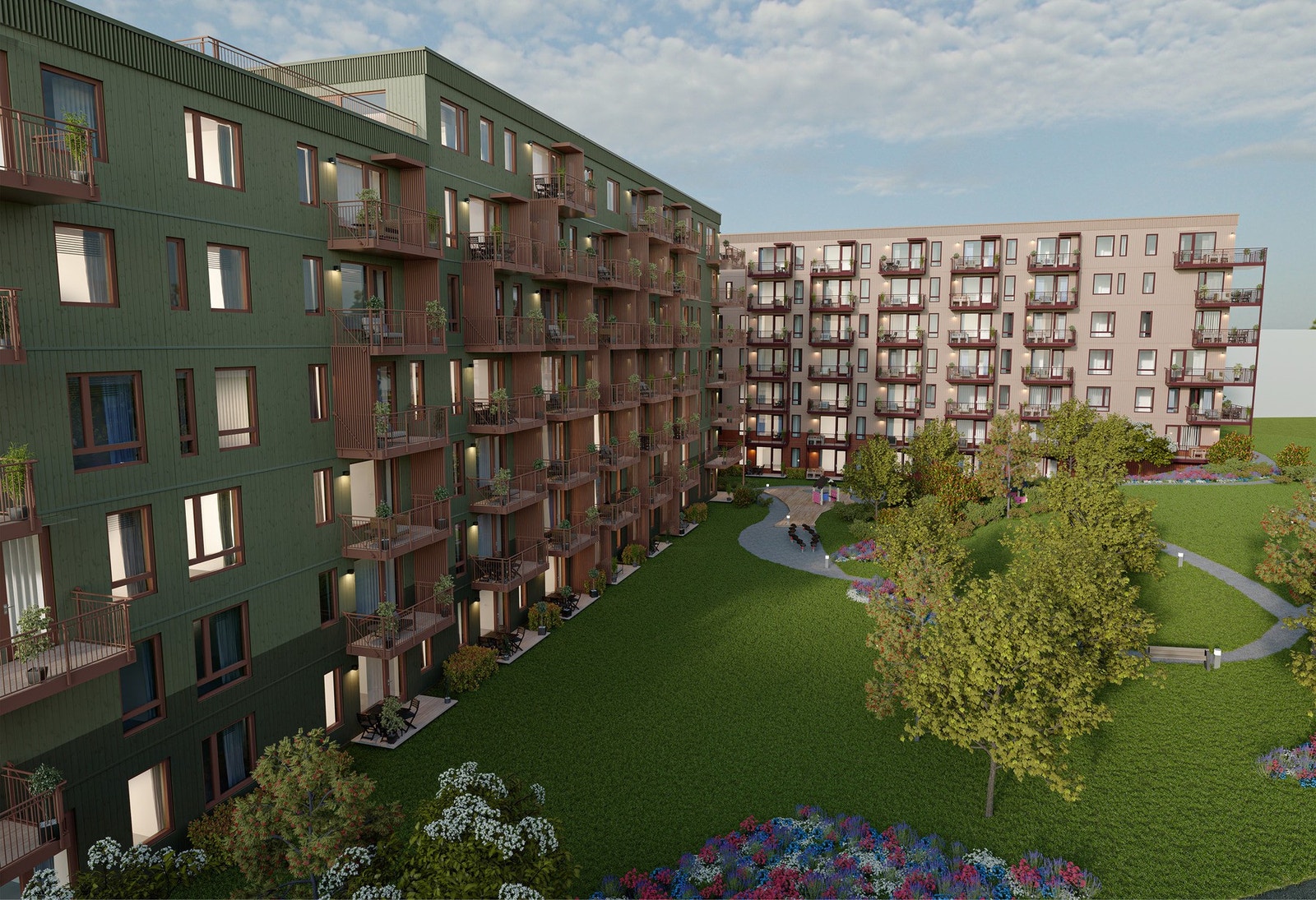 Boligene vil ha tilgang ti flotte fellesareal. Illustrasjon. Avvik vil forekomme. Galleribilde