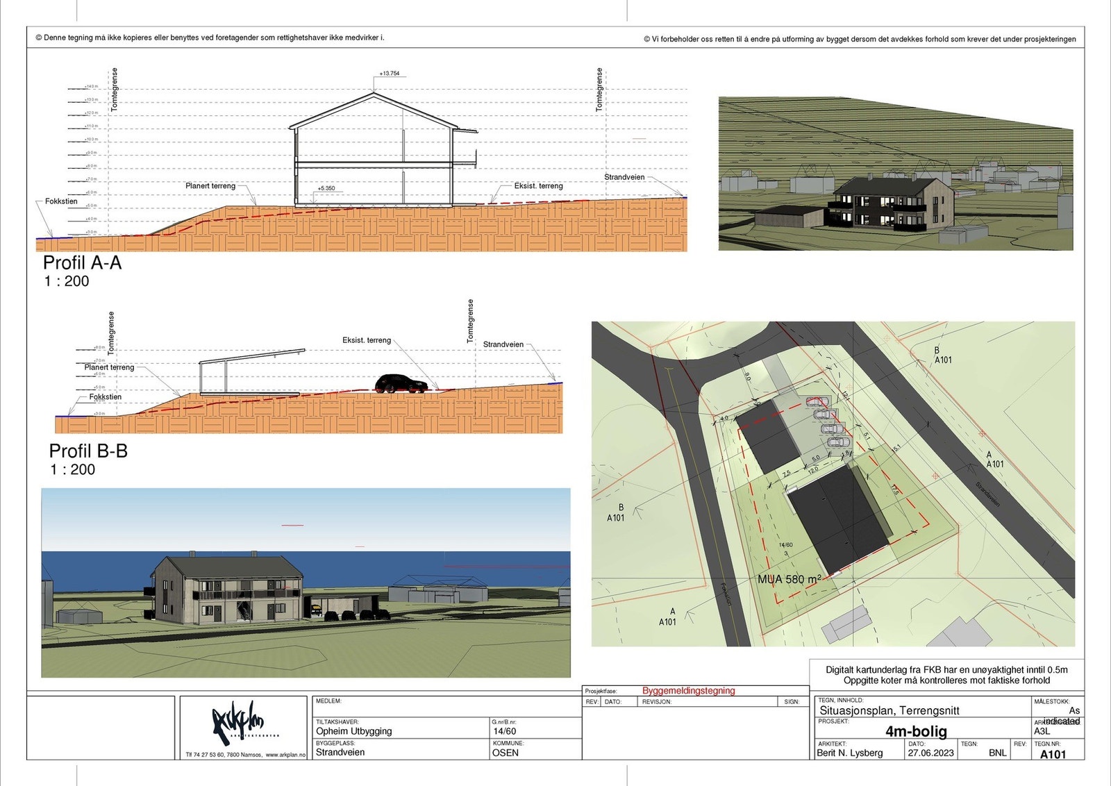 Sit.plan med parkeringsplasser en carport til hver leiligehet og 4 plasser felles for sameiet Galleribilde
