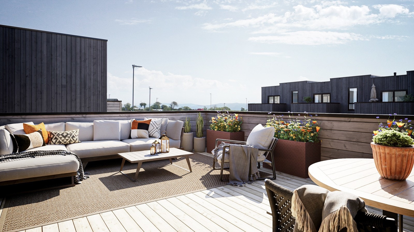 Takterrassen er en av flere uteplasser. Vi mener at du kan finne en uteplass til enhver anledning på eiendommen. Galleribilde