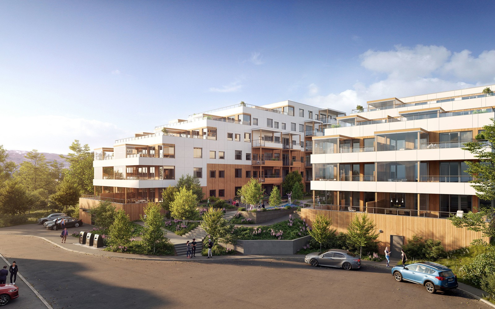 Fasade. Det blir innkjøring til parkeringsanlegg under nordblokka. Bildet er en illustrasjon og avvik vil kunne forekomme.