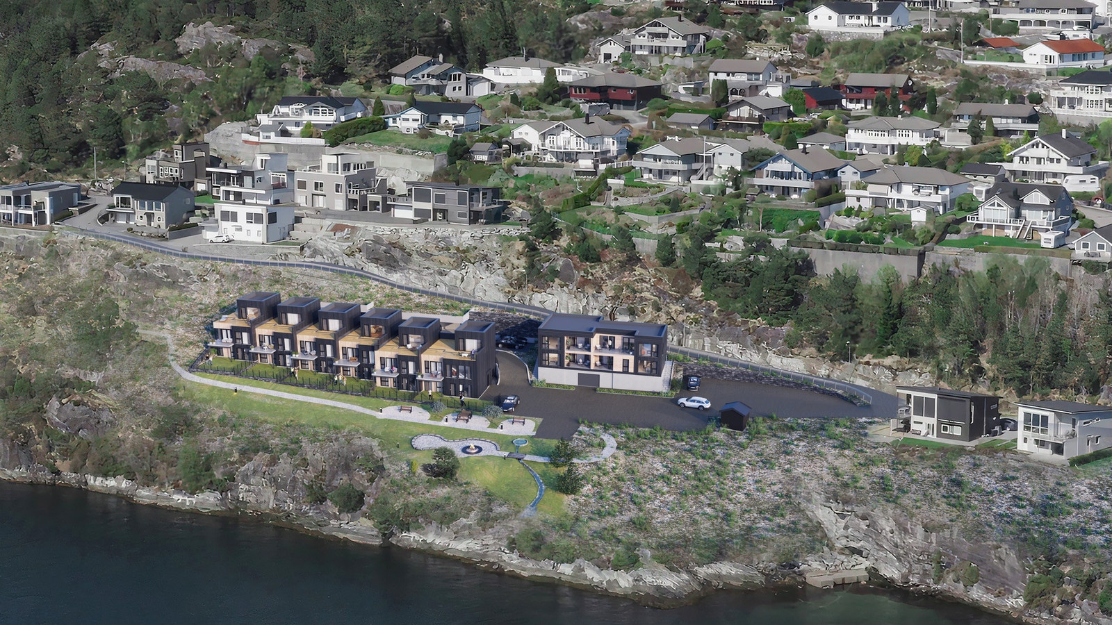 Oversiktsbilde: Det vil bli opparbeidet et flott fellesområde som innbyr til et trivelig bo-miljø. Bak rekken blir det tilhørende carporter. Galleribilde