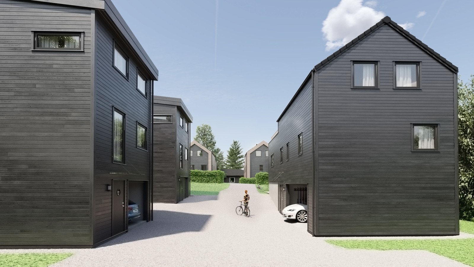 Illustrert gruset gårdsplass og adkomst. Ferdig opparbeidet kan avvike fra illustrasjonen. (Dette er kun en illustrasjon og avvik kan forekomme) Galleribilde