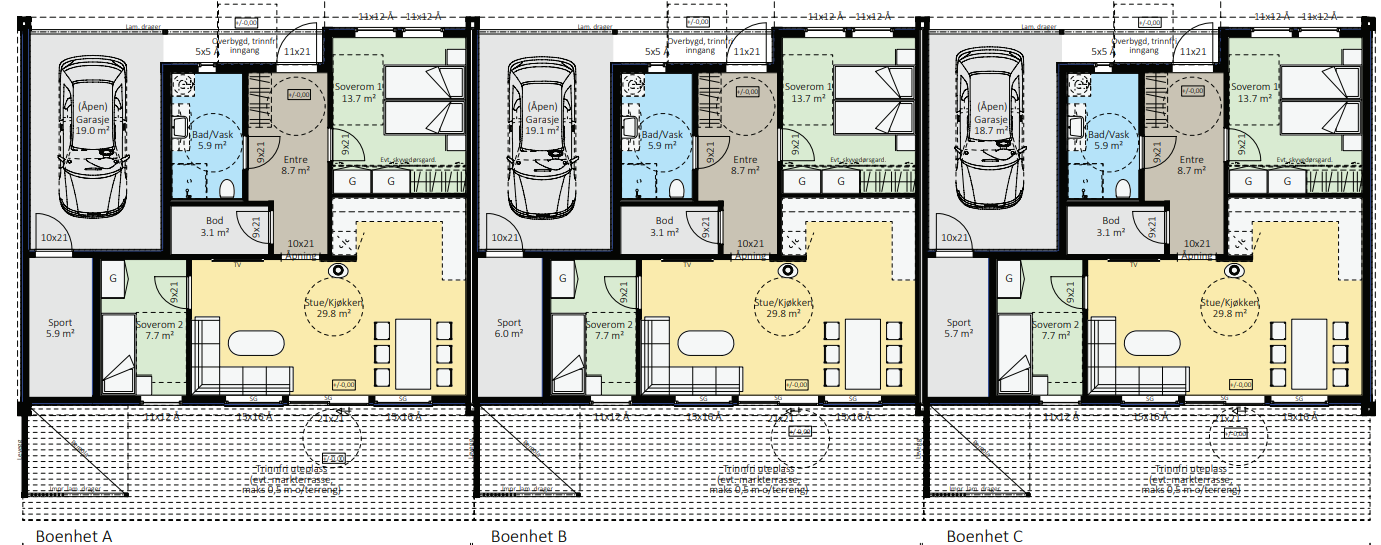 Planløsningen til alle 3 enheter Galleribilde
