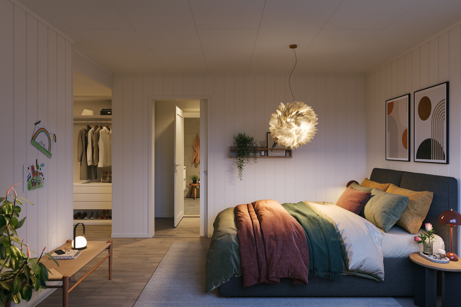 Illustrasjon fra soverom på 2mannsboligen, både eneboligen og 2mannsboligen får soverom med mulighet for walk-in closet Galleribilde