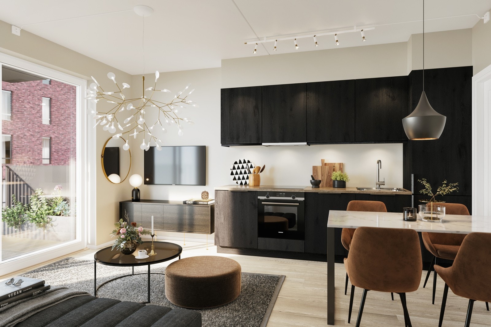 Leilighetene blir lyse og moderne. Det er valgt en flott tidløs én-stavs parkett i eik og et stilrent, mørkt kjøkken av høy kvalitet fra HTH (model ONE) med integrerte hvitevarer. Galleribilde