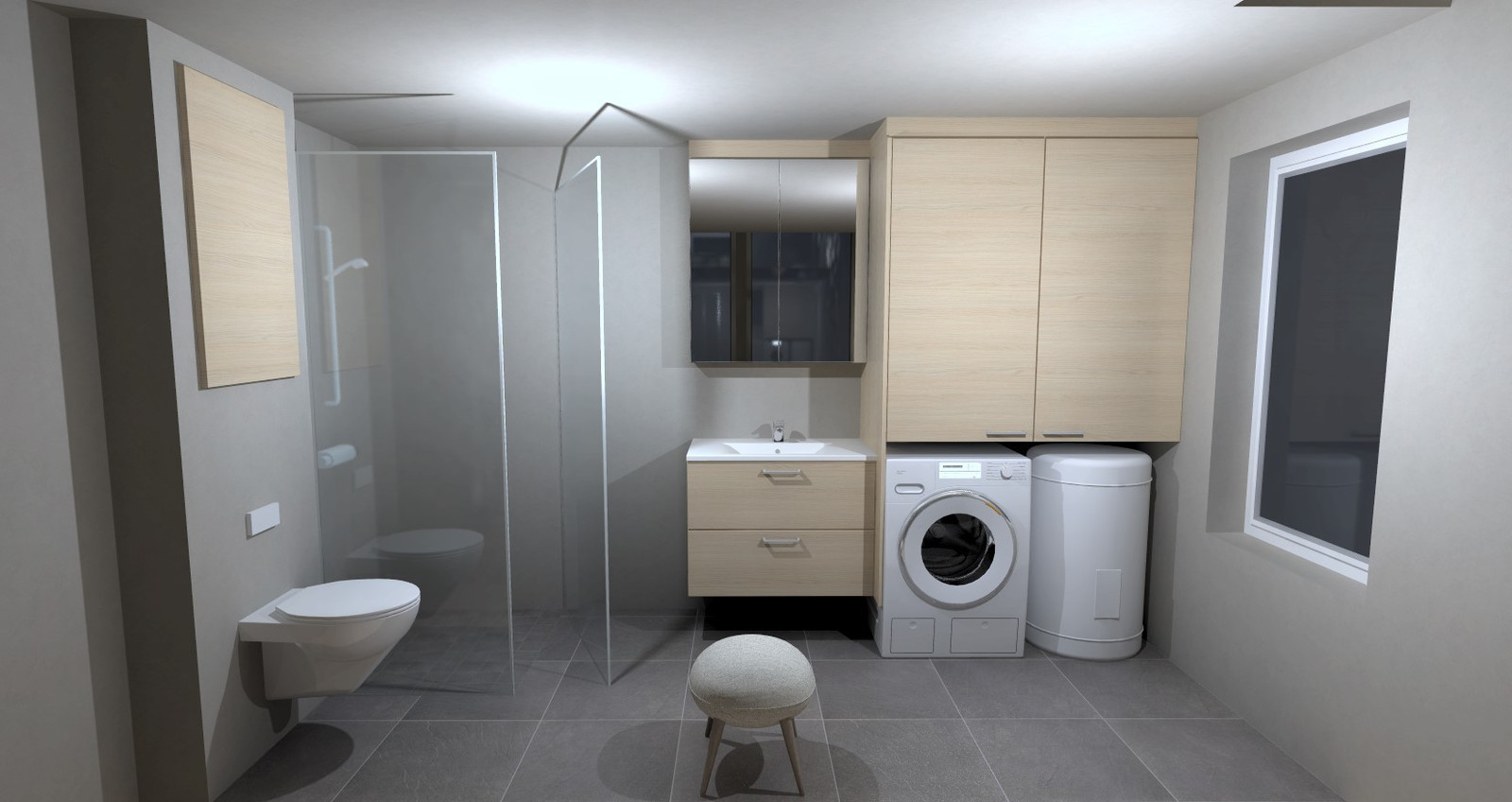 Planløsning alternativ nr. 3: Illustrasjonsbilde av bad. Innredningspakke som inkluderer innebygd skap i sisternevegg, speilskap og skaper rundt vaskemaskin og varmtvannsbereder kan kjøpes med boligen. Spør oss om pristilbud.