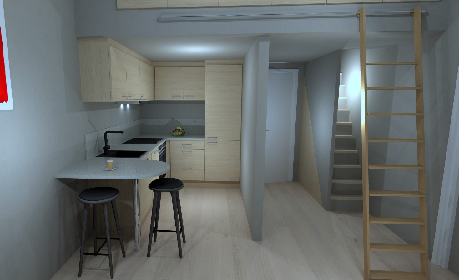 Planløsning alternativ nr. 3: Illustrasjonsbilde av kjøkken fra Knapphus Kjøkkensenter. Kjøkkenet kan kjøpes som egen innredningspakke.