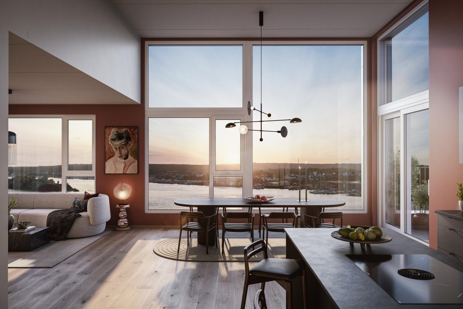 Stue med god takhøyde og utsikt over Vesterelva. Illustrasjonen er av leilighet C0701. Galleribilde