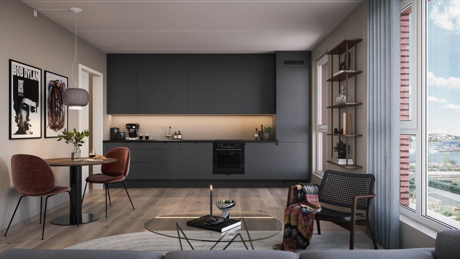 Kjøkkenet kommer i tre ulike farger tilhørende hvert sitt interiørkonsept. Illustrasjonen er av leilighet B0403. Galleribilde