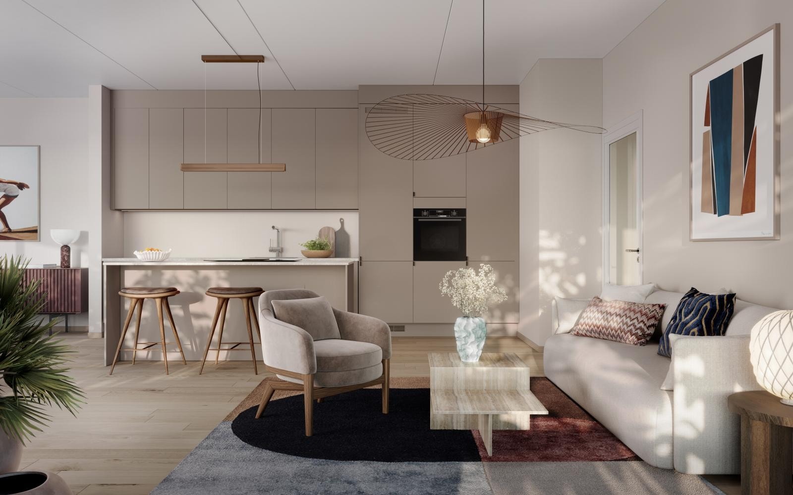 Det leveres et lekkert, stilrent kjøkken fra Sigdal i modellen Uno Palett. Illustrasjonen er av leilighet A0501. Galleribilde