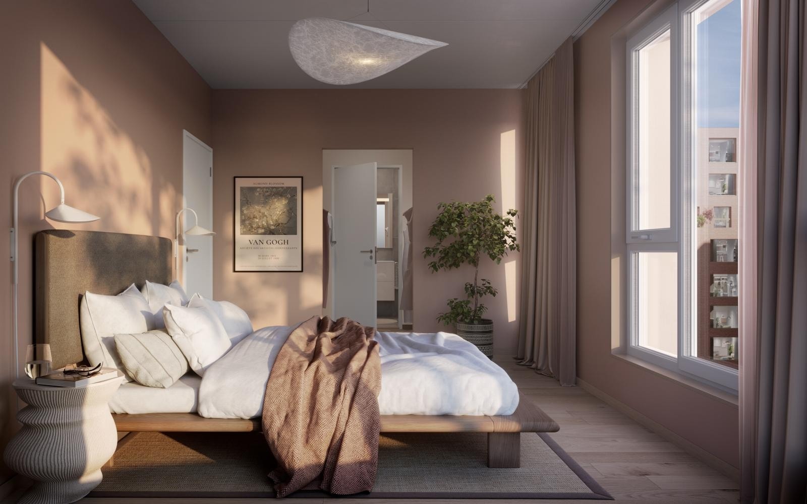 Delikat soverom med god plass til seng og oppbevaring. Illustrasjonen er av leilighet A0501. Galleribilde