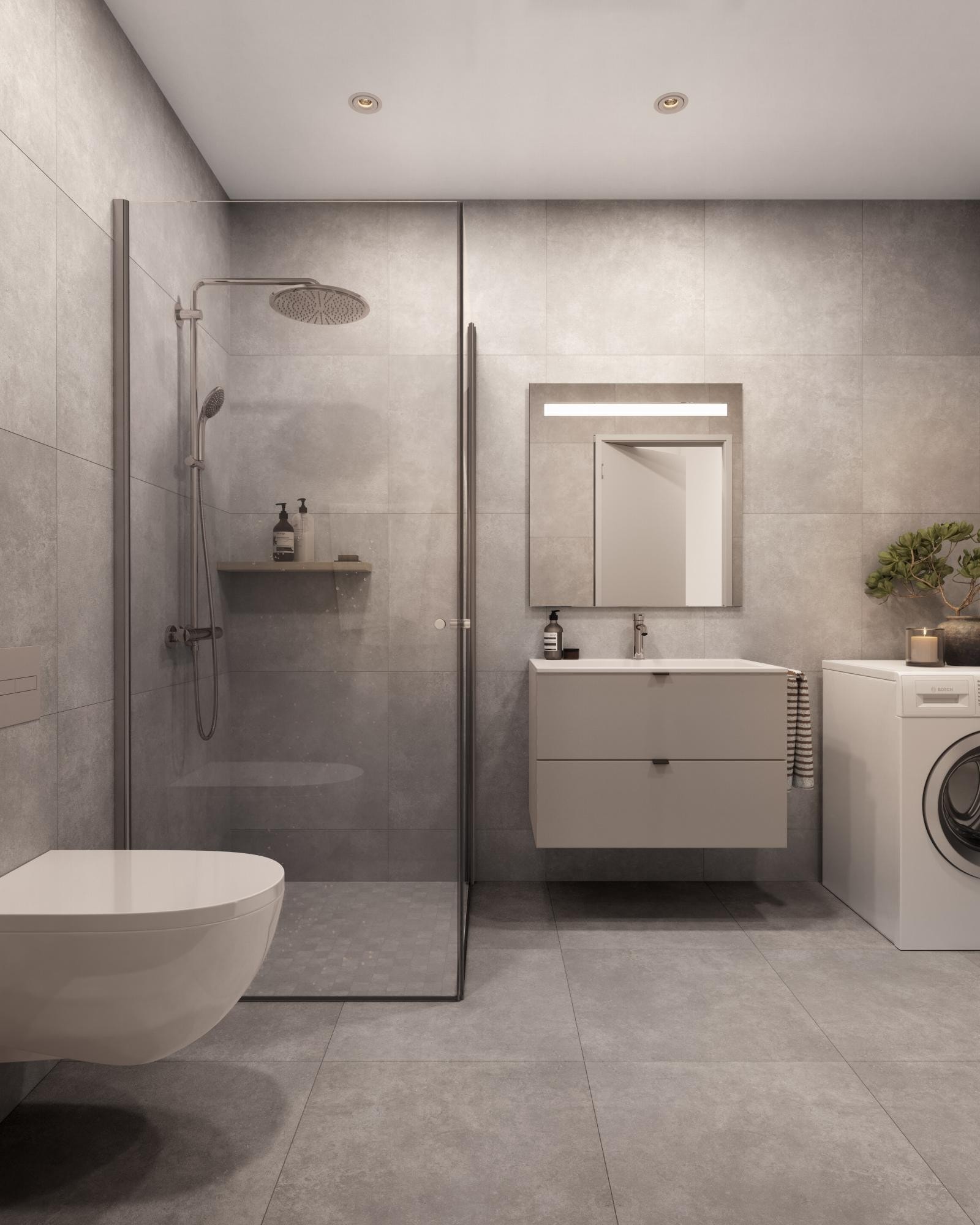 Badene får et helhetlig og delikat uttrykk. Baderomsinnredningen leveres av Sigdal og består av tre ulike modeller, Lilje, Eng og Bark tilhørende vært sitt interiørkonsept. Illustrasjonen er av leilighet C0202. Galleribilde