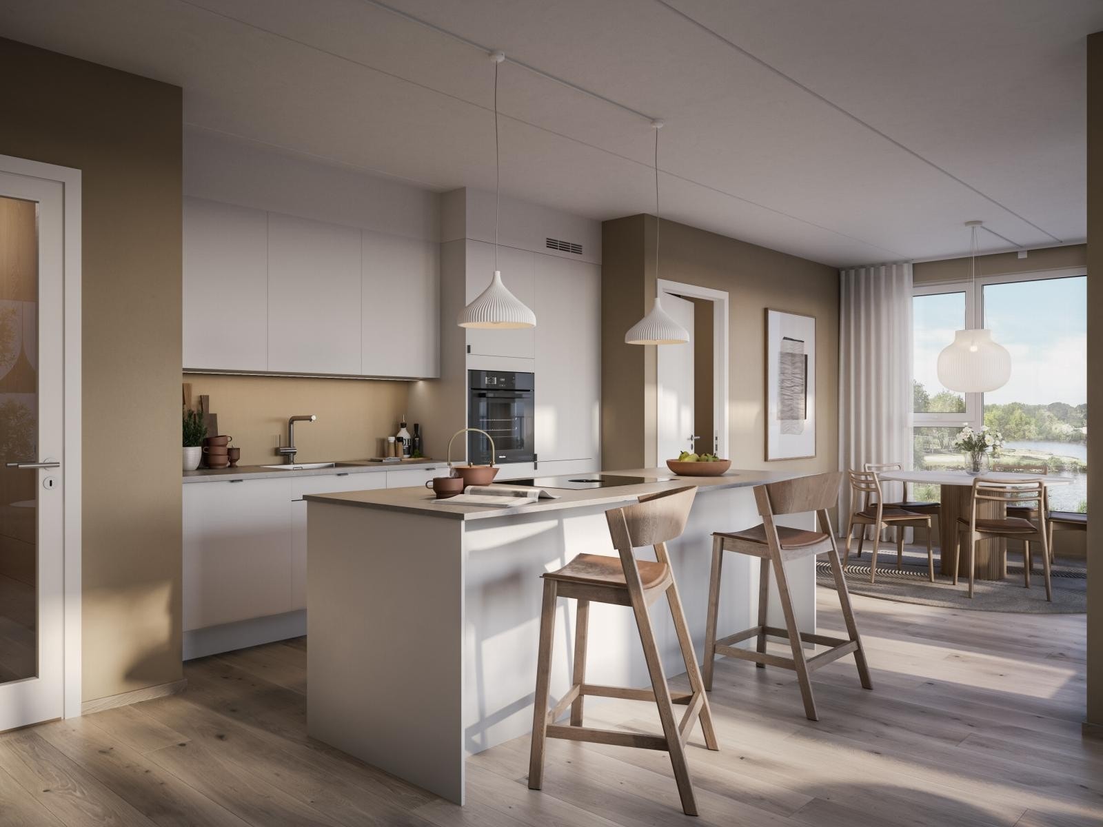 Det leveres et lekkert, stilrent kjøkken. Illustrasjonen er av leilighet C0202. Galleribilde