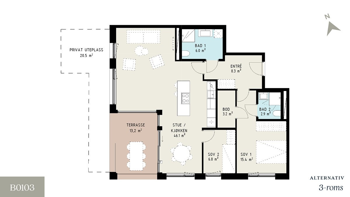 Alternativ planløsning, 3-roms. Galleribilde