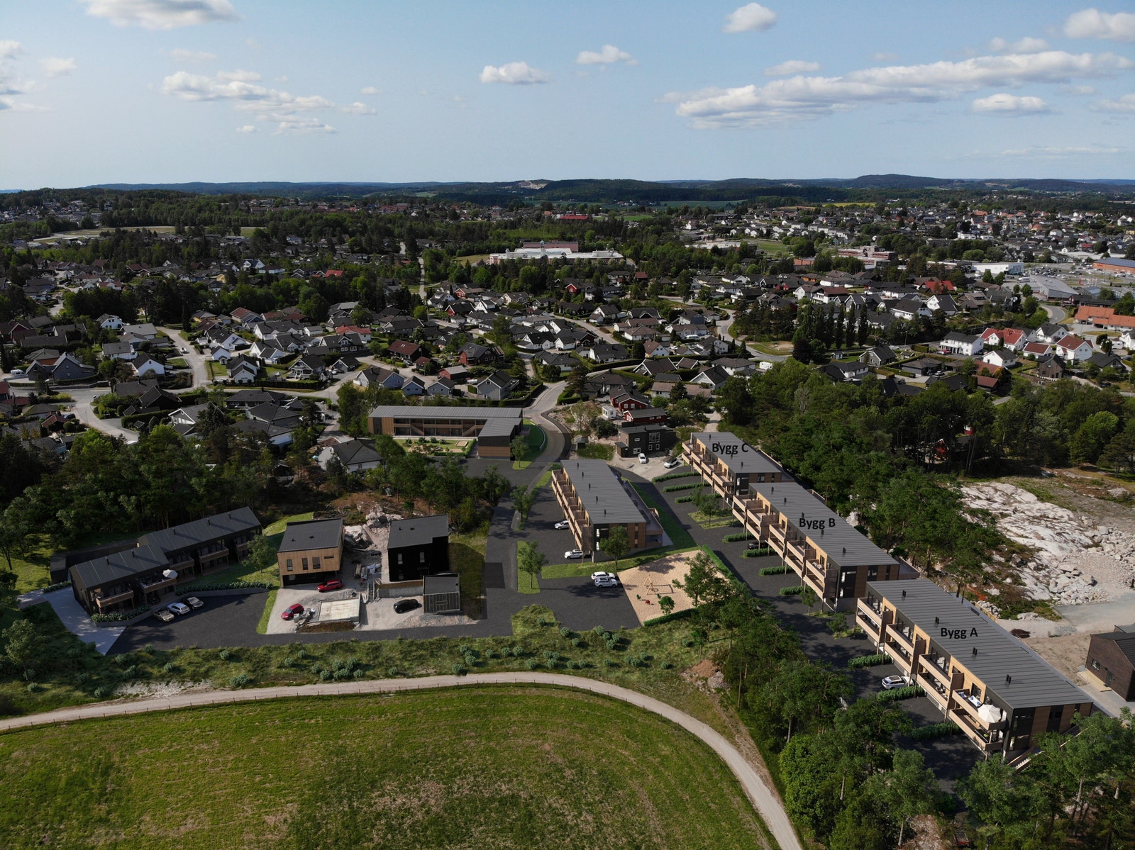 Oversiktsbildet - Bygg A, B og C er markert med tekst Galleribilde