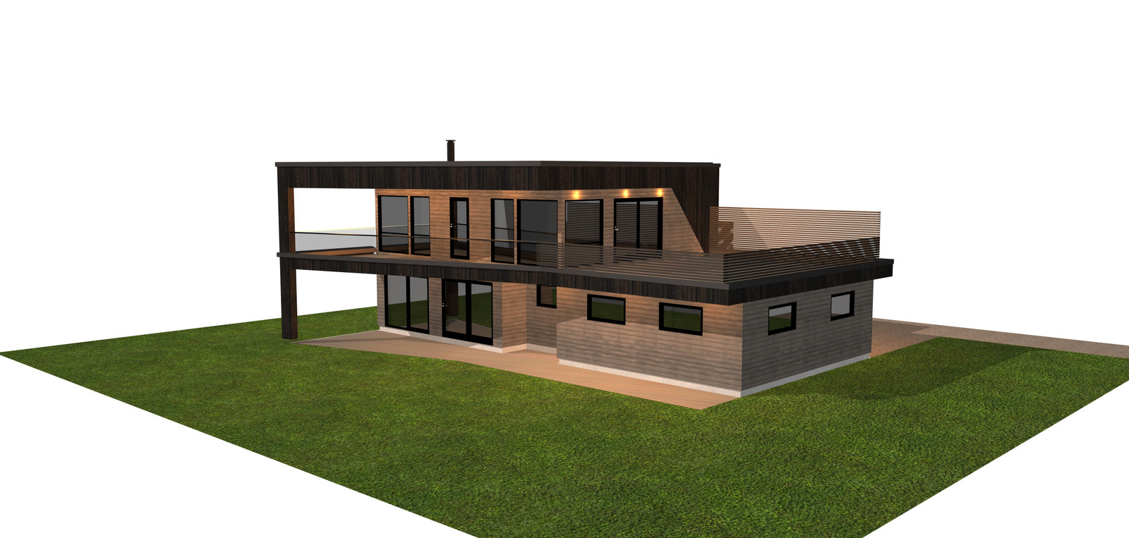 3D illustrasjon av boligens sørvestlige side.