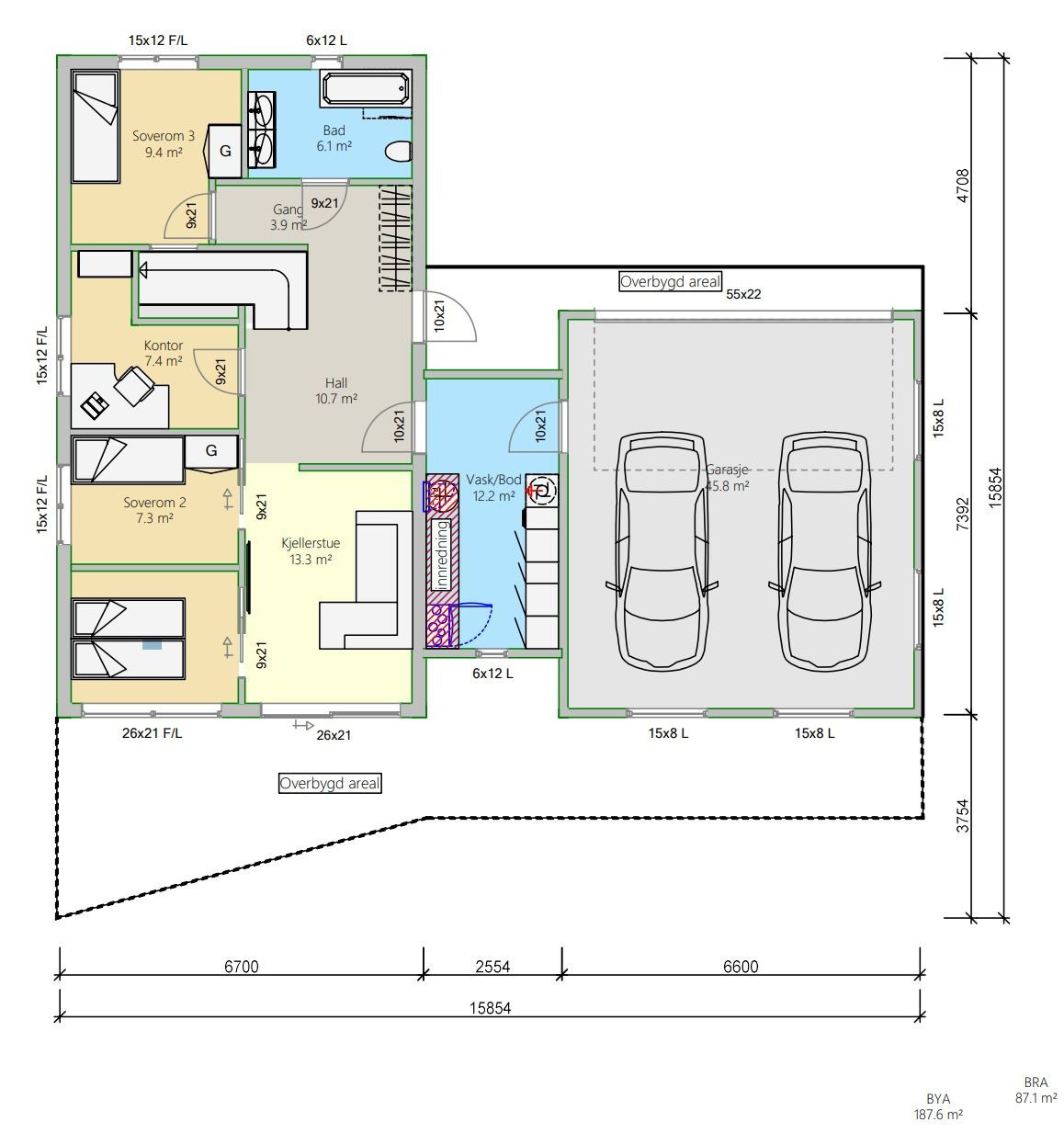 Boligens planløsning i 1. etasje. Dette er et alternativ til planløsning om man har behov for 5 soverom i boligen.