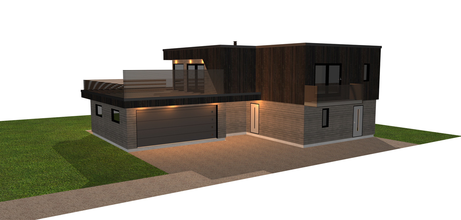 3D illustrasjon av boligens sørøstlige side.