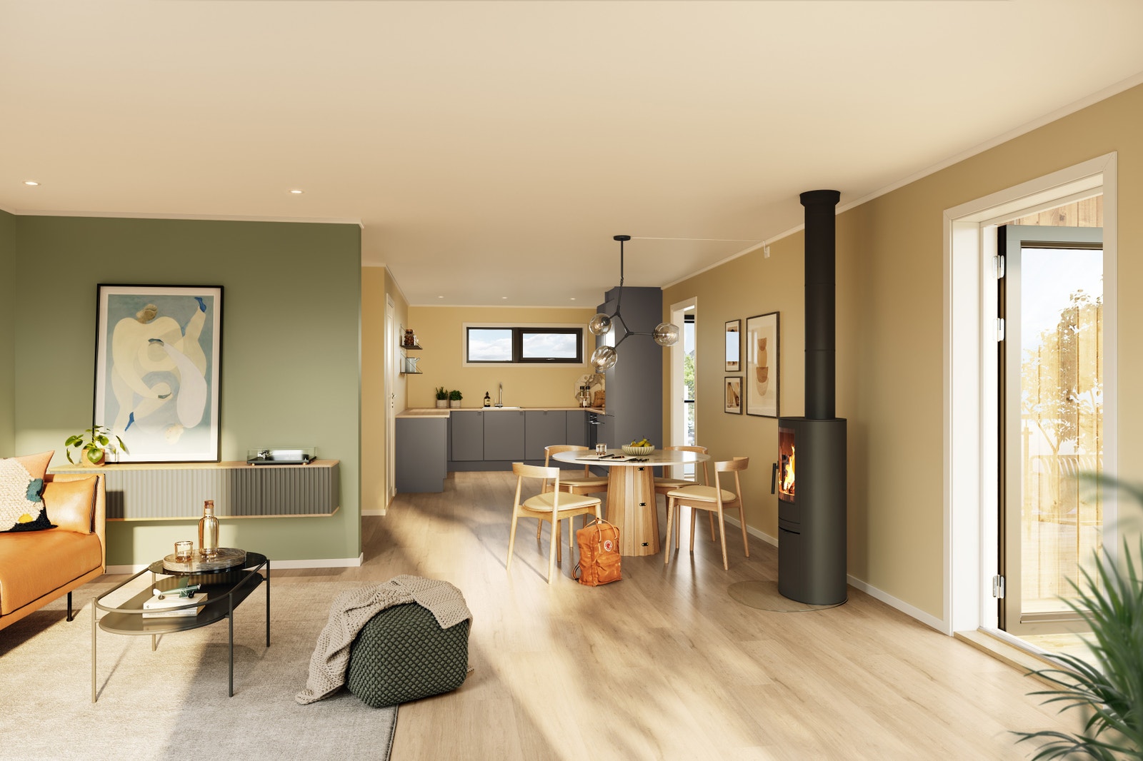 Lune boliger med peisovn. Malte gipsoverflater på vegger og himling, 1-stavs klikkvinyl på gulv. Sigdal-kjøkken med integrerte hvitevarer. Illustrasjon stue/kjøkken leil.1. Galleribilde