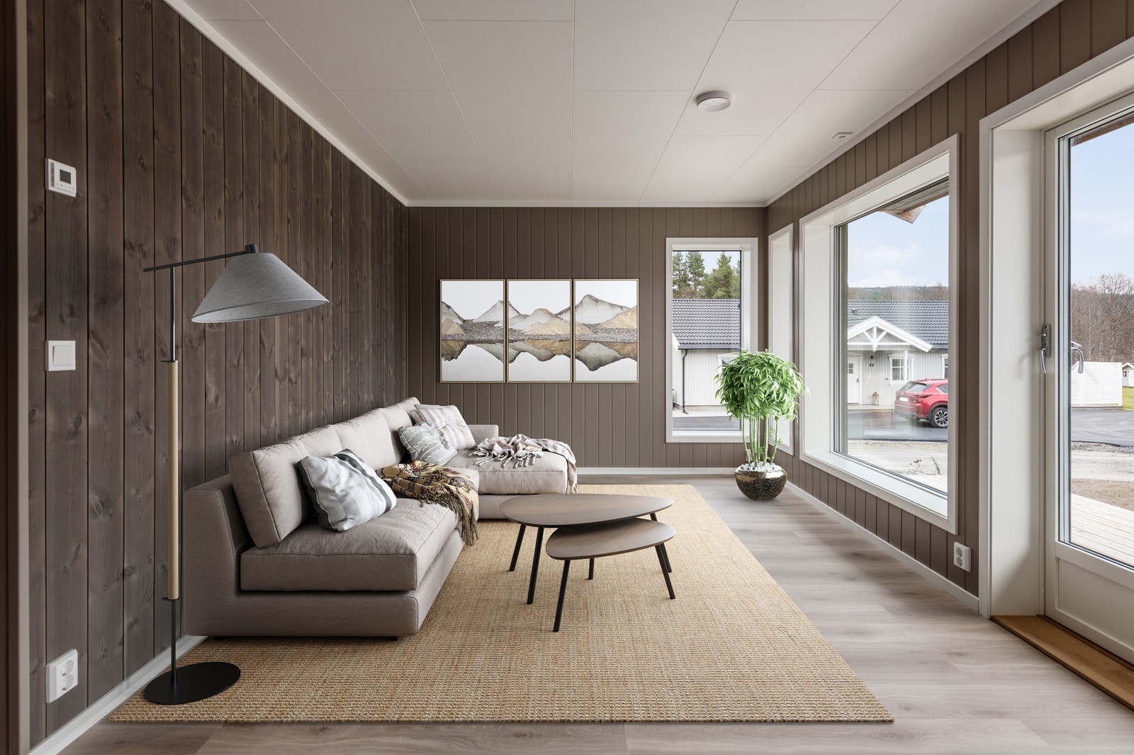 Stue med store vinduer og utsikt til Vestlia og skibakken. Digitalt møblert. Galleribilde