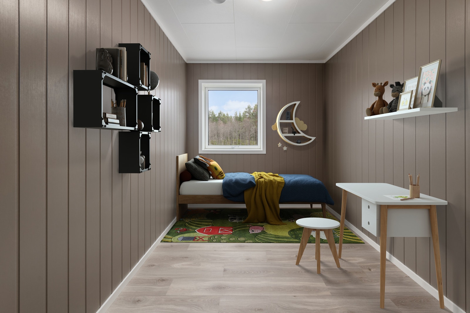 Soverom 2 har god plass til både seng, pult og garderobe. Perfekt som barnerom. Digitalt møbler. Galleribilde