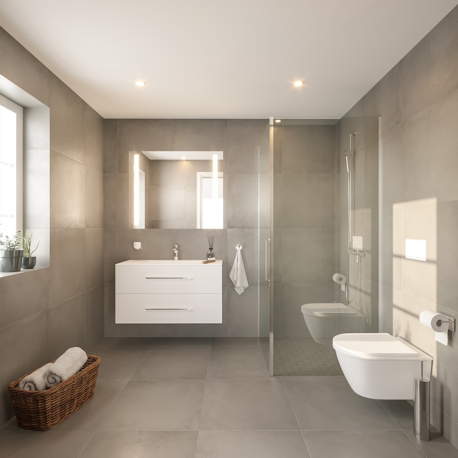 Pent og delikat bad med tilknytning til boligens hovedsoverom i 2. etasje. Det blir lagt varmekabler i gulv. Galleribilde