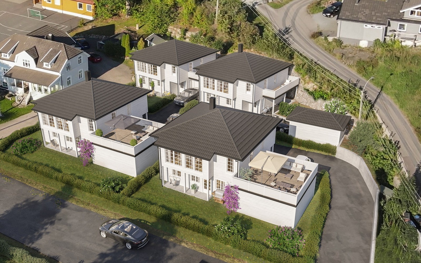 To av boligene blir levert med stor dobbel garasje med uteplass over. De øvrige to, leveres med enkel garasje hvorav en er frittliggende. Galleribilde