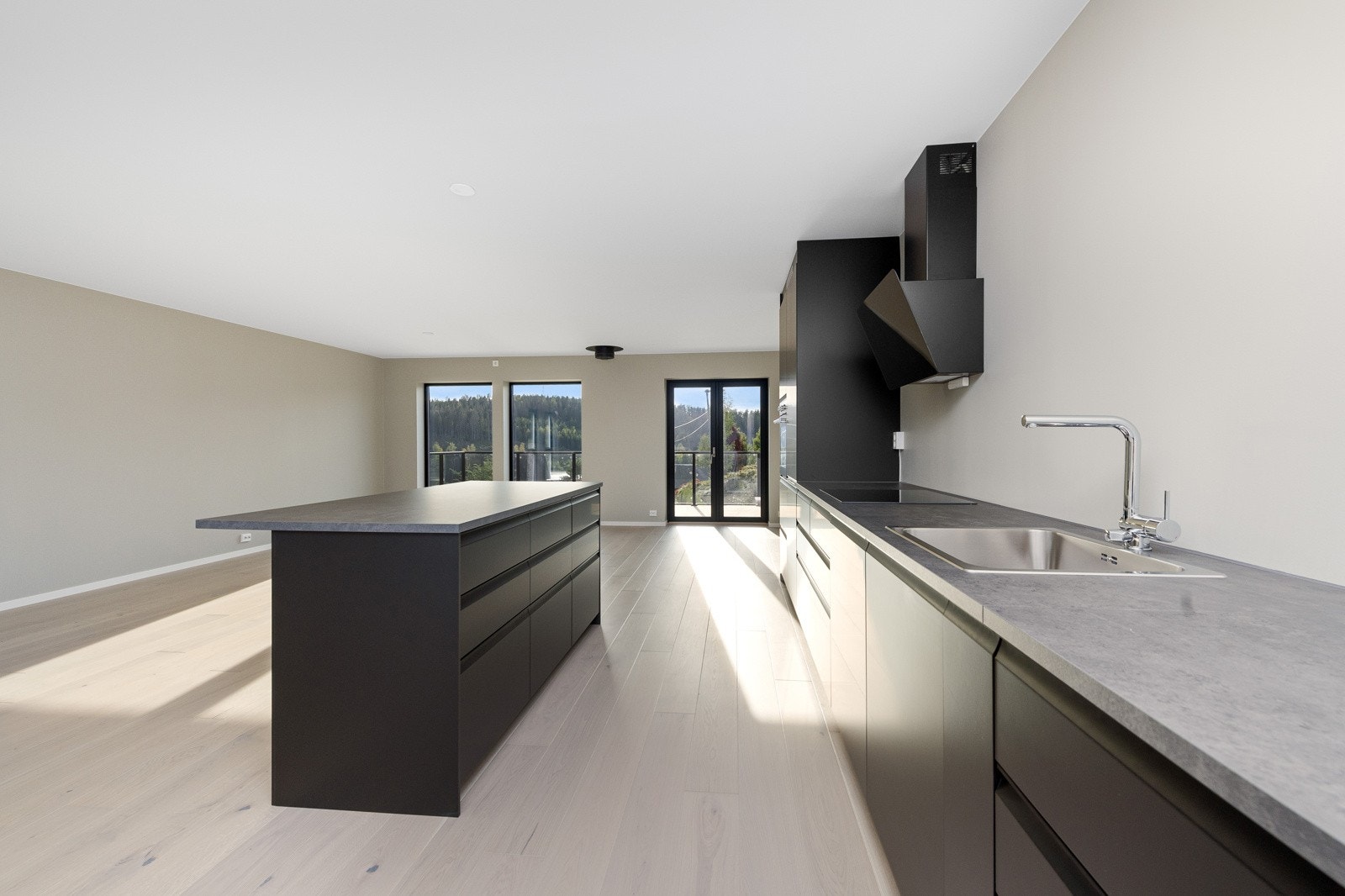 Hvitevarer i form av kombiskap kjøl/frys og stekeovn i høyskap, integrert oppvaskmaskin og platetopp med induksjon salget Galleribilde