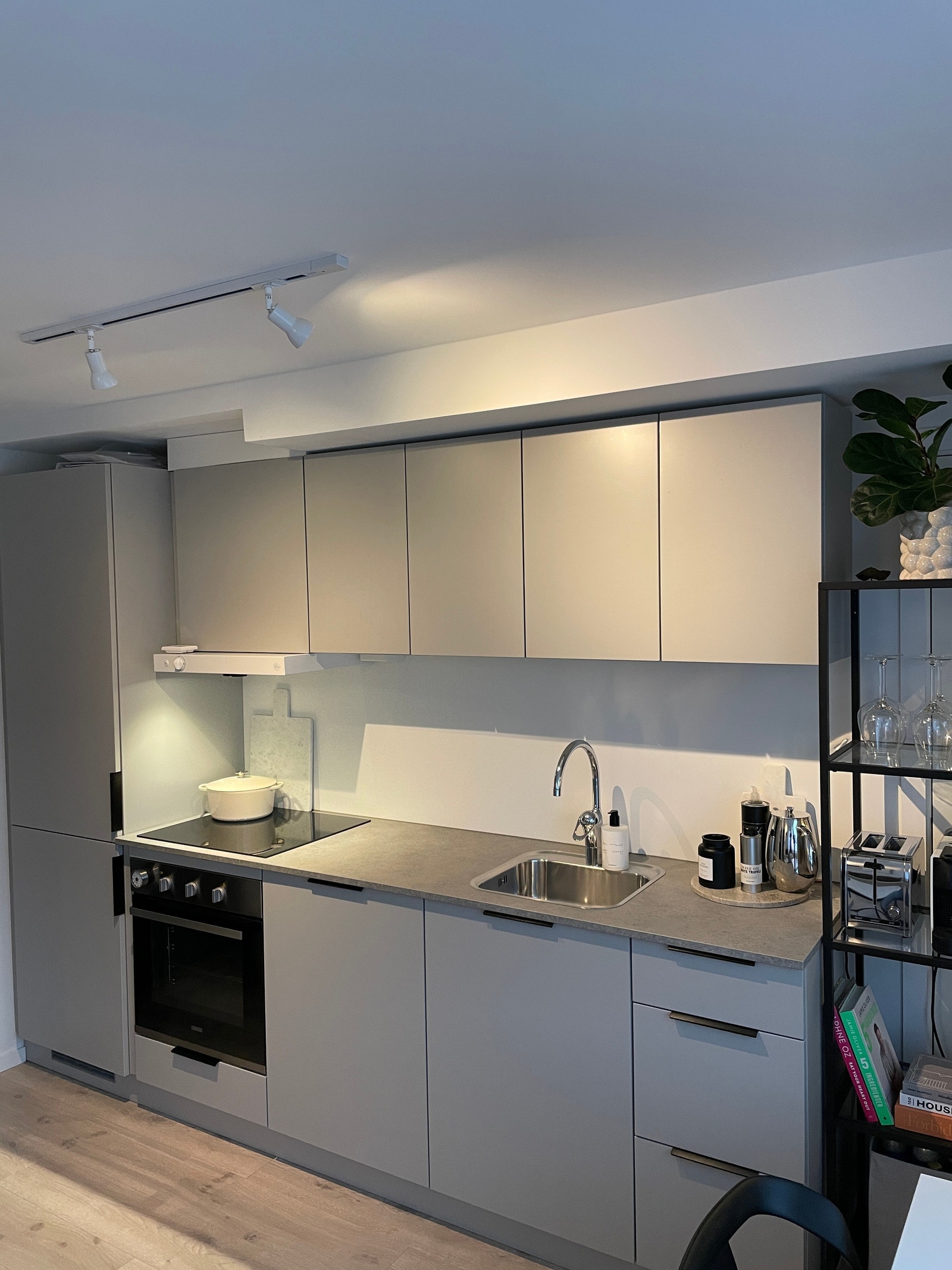 Kjøkken med integrerte kjøleskap og oppvaskmaskin, stekeovn, keramisk koketopp. Galleribilde