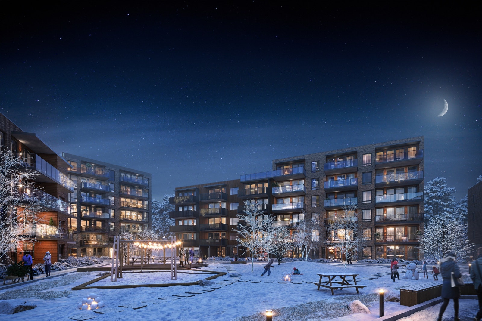 Her ser du vinter-illustrasjon av Skogbrynkvartalet med hus 20 i høyre bildekant Galleribilde