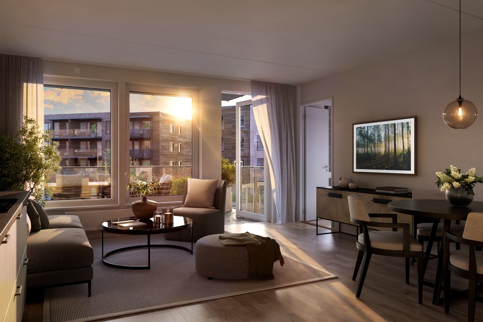 Her ser du illustrasjon av stuen i leilighet 20B-0202 (2-roms på 56 kvm) Galleribilde