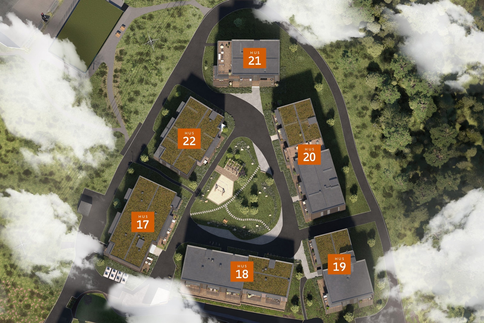 Illustrasjon av Skogbrynkvartalet (hus 17-22) sett ovenfra Galleribilde