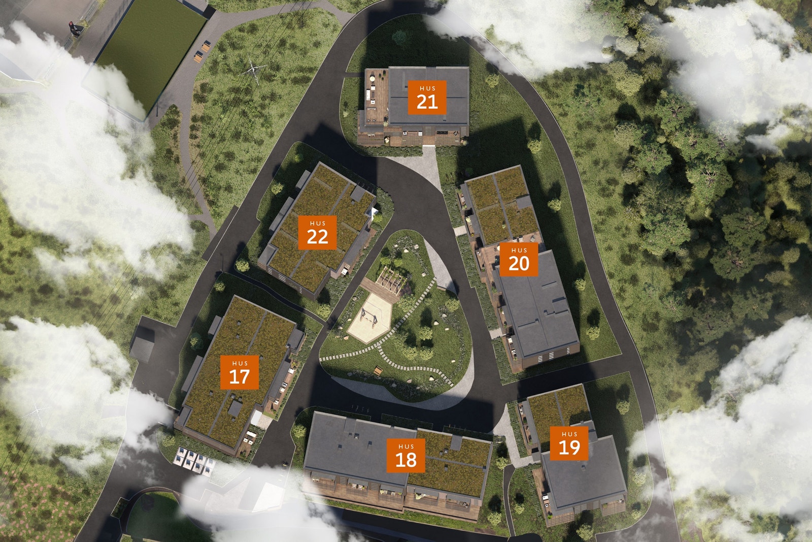 Illustrasjon av Skogbrynkvartalet (hus 17-22) sett ovenfra Galleribilde